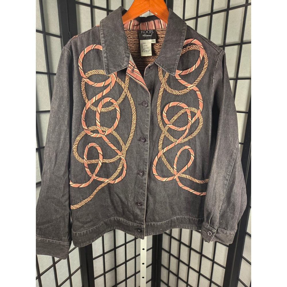 Koos of Course! Vintage Black Cotton Denim Rope‎ Applique Jacket Womens 1X